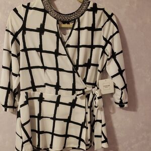Women's Black and White Checkered Wrap Top Perseption Concept